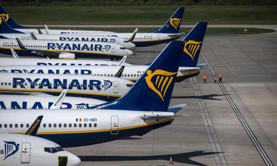 Parked Ryanair passenger aircraft at Stansted airport