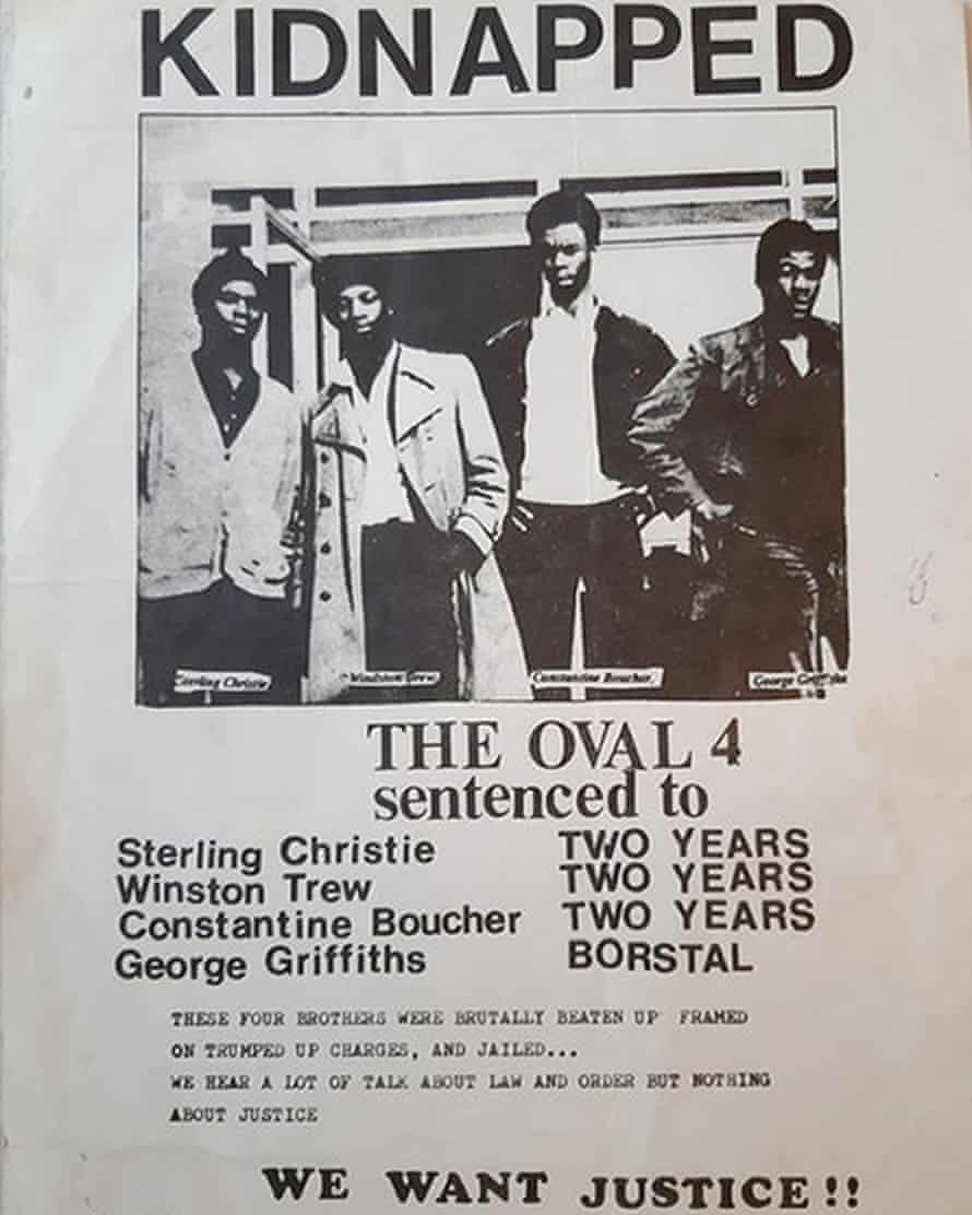 پرونده دادگاه چهار بیضی. پوستر دهه 1970 که خواهان عدالت برای وینستون ترو ، استرلینگ کریستی و جورج گریفیتس بود. این سه نفر - به همراه کنستانتین 'عمر' بوچر - در ایستگاه لوله Oval در سال 1972 دستگیر شدند.