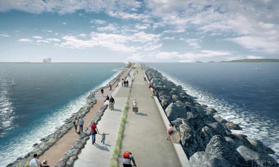 An impression of a six-mile sea-wall with turbines to generate low-carbon electricity at Swansea Bay, South Wales. The Government has refused to back a “world first” tidal lagoon project to generate clean energy from the tides on cost grounds.