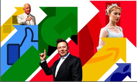 Graphic image including giant multicoloured arrows and photos of three people