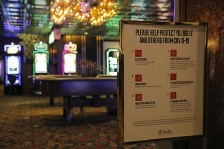 A sign to remind people of coronavirus safety measures on display at the El Cortez hotel and casino as it remains shuttered on 13 May.