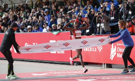 Kenya’s Brigid Kosgei crosses the finish line.