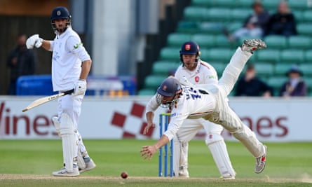 Nick Browne of Essex drops James Vince of Hampshire during Day Four of their County Championship Division 1 match in September 2023.