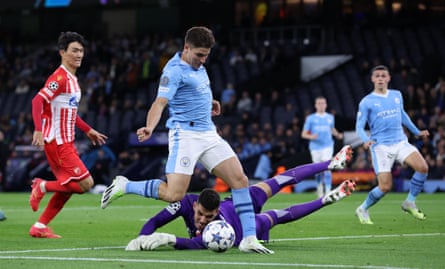 Julian Alvarez of Manchester City scores his side’s first goal during a Champions League match with Red Star Belgrade.