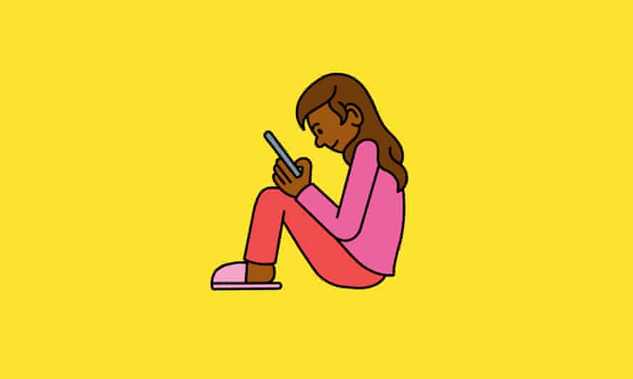 Illustration of a girl, sitting on the floor, using her phone