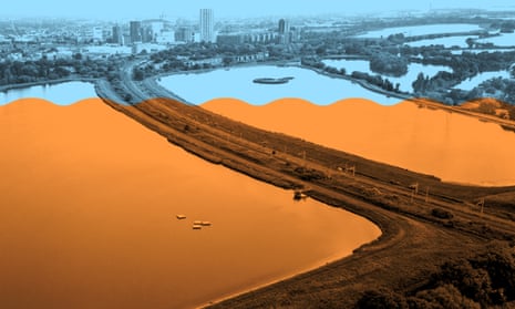 Aerial view of the Walthamstow reservoirs and wetland, stylised for waterseries