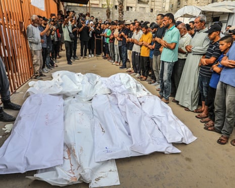 Palestinians perform funeral prayer after Israeli attack towards al-Mawasi neighbourhood claimed Palestinians' lives in Gaza Strip on 12 July 2025.