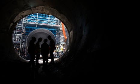 A subterranean sewage tunnel under construction in Hong Kong. 