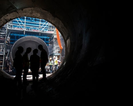 A subterranean sewage tunnel under construction in Hong Kong.