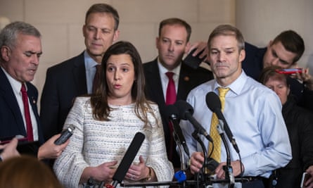 Stefanik, Representative Jim Jordan, right, and other Republican members of the House intelligence committee speak to the press during the Trump impeachment hearings in 2019.