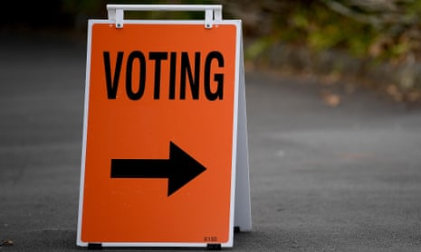 A polling sign is seen on October 17, 2020 in Auckland, New Zealand.