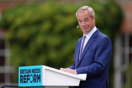 Nigel Farage stands outdoors at a lectern bearing the message 'Britain needs Reform'