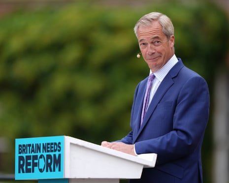 Nigel Farage speaks at a podium during a Reform UK campaign rally.