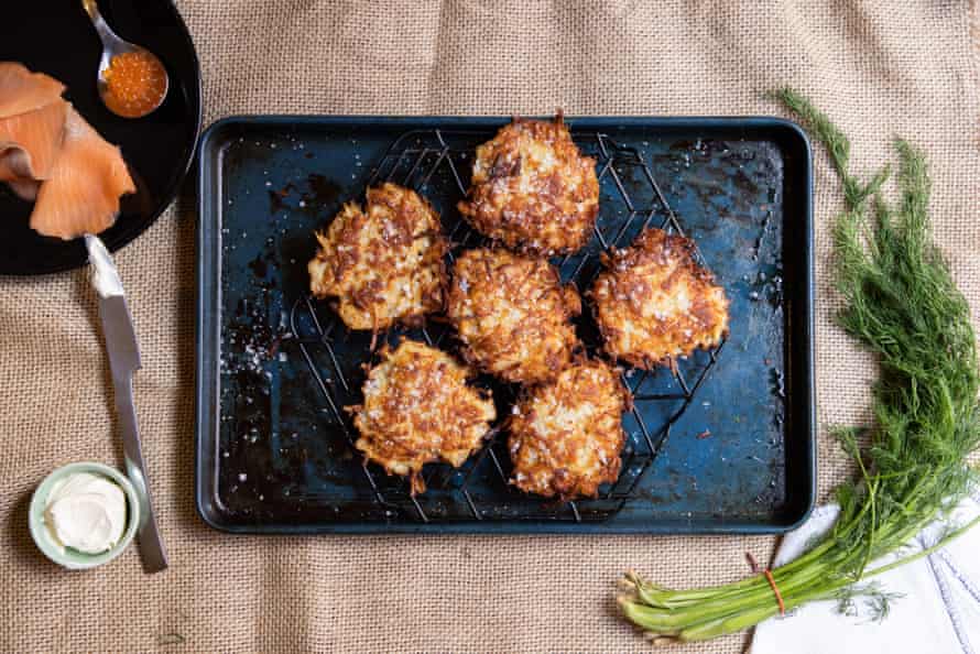 Breakfast with...Alice Zaslavsky’s parsnip latkes: potato and parsnip latkes topped with creme fraiche, dill, smoked salmon and salmon roe