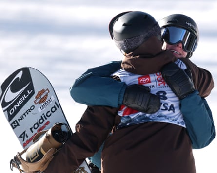 Australia’s Tess Coady hugs Laurie Blouin of Canada after competing in the second run of the slopestyle finals during the US Grand Prix 2026 at Aspen