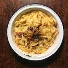 Nigel Slater’s spatzle, baked with double cream, bacon and cheese.