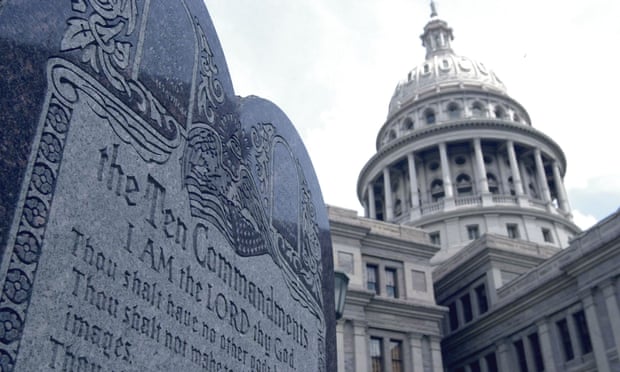 A monument bearing the Ten Commandments stands near the capitol building in Austin, Texas.