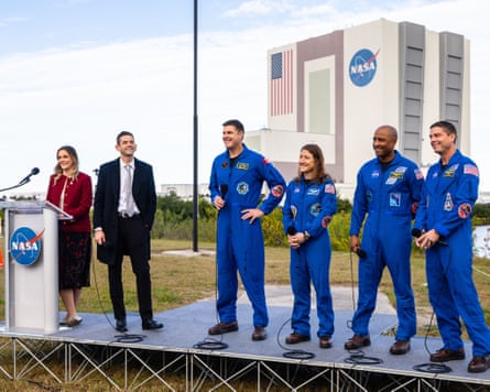 The Nasa administrator, Jared Isaacman, at a press conference with the Artemis II mission specialist Jeremy Hansen, Christina Koch, pilot Victor Glover, and Commander Reid Wiseman.