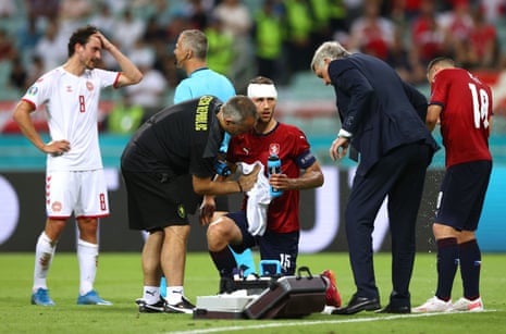 Czech Republic's Jan Boril heads the ball during the Euro 2020 soccer  championship quarterfinal match between Czech Republic and Denmark, at the  Olympic stadium in Baku, Saturday, July 3, 2021. (AP Photo/Darko