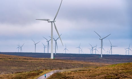 View of wind turbines at Whitelee Windfarm in East Renfrewshire operated by Scottish power, Scotland, United Kingdom