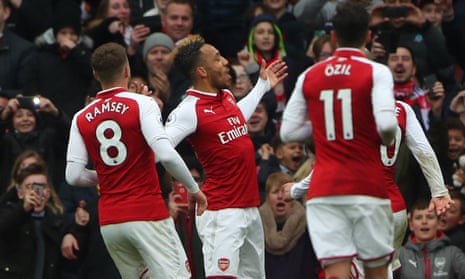Arsenal’s Pierre-Emerick Aubameyang celebrates scoring the opener.