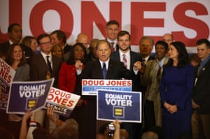 Democratic US Senator-elect Doug Jones speaks to supporters during his election night gathering at the Sheraton Hotel in Birmingham