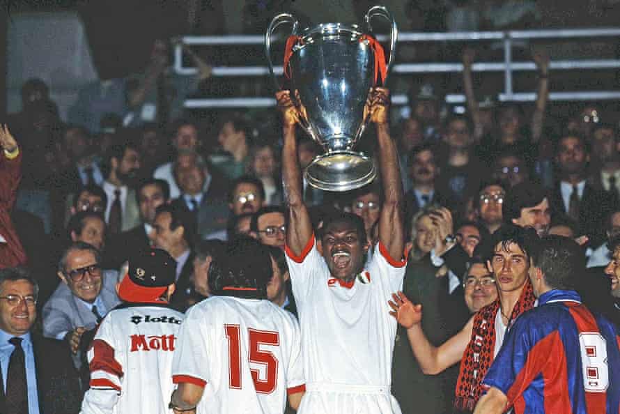 Marcel Desailly lifts the trophy as he becomes the first player to win the trophy in consecutive years with different clubs after winning with Marseille the previous season.