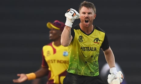 David Warner celebrates Australia’s 8 wicket victory over the West Indies.