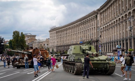  Russian military armoured vehicles, destroyed by the Ukrainian army, are displayed on the eve of ‘Independence Day’ in Kyiv's centre on Khreshchatyk Street. 