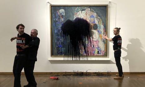 Climate activists threw black liquid at a Gustav Klimt painting at the Leopold Museum in Vienna.