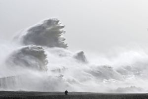 Newhaven, East Sussex: waves soar on the seafront