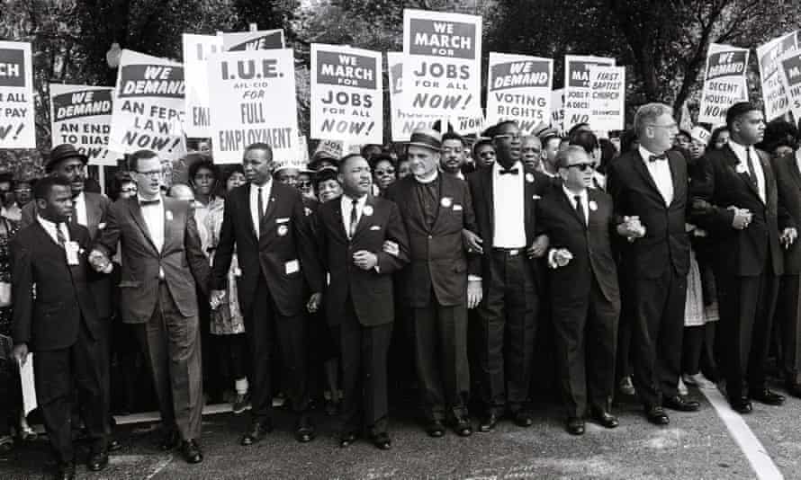 John Lewis, far left, and Martin Luther King, fourth from left, and other civil rights leaders ON the March on Washington in August 1963.