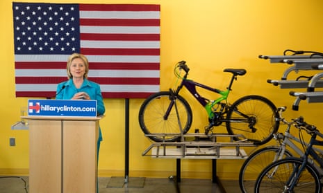 Democratic presidential hopeful Hillary Rodham Clinton talks about her environmental plan during a visit to the LEED Platinum certified DART Central Station in Des Moines, Iowa on 27 July. 