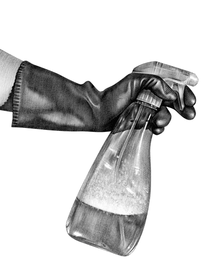 Illustration of hand in rubber glove holding vinegar spray bottle