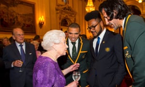 From right: The South Africa captain, Victor Matfield, leans in (and down) for a chat with the Queen alongside team-mate Bryan Habana (centre) and Australia’s Henry Speight (second right).