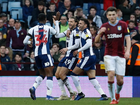 West Bromwich Albion’s Jay Rodriguez (centre) is congratulated by Hal Robson-Kanu (right) and Rekeem Harper after scoring the Baggies’ second.