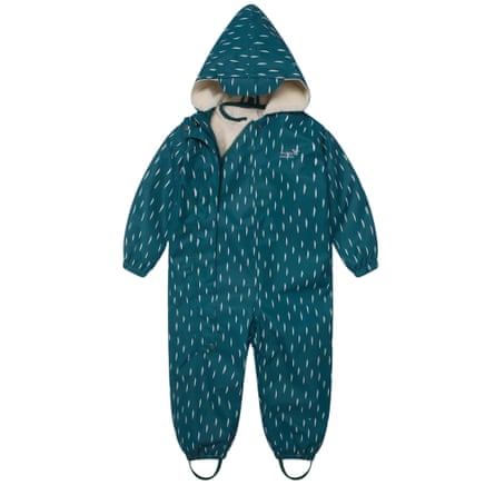 A teal, raindrop-patterned hooded baby snowsuit with fleece lining, laid flat on white