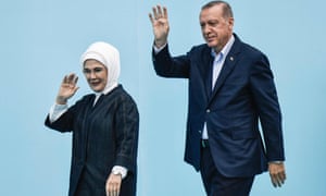 Erdoğan and his wife, Emine, arrive for an AK party rally in Yenikapi Square in Istanbul.