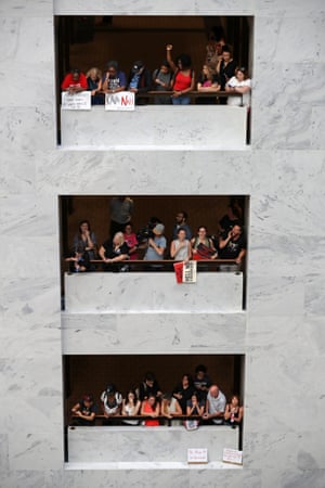 Washington DC, USProtesters chant their support for fellow demonstrators who are being arrested by police for protesting against the confirmation of Supreme Court nominee Judge Brett Kavanaugh in the atrium of the Hart Senate Office Building