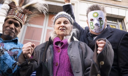 Vivienne Westwood at an Extinction Rebellion demonstration outside the London headquarters of BP, protesting crimes against the climate in the Papua rainforest, October 2019.