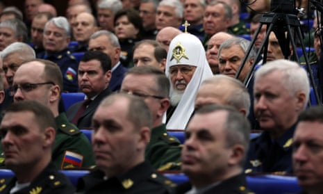 The head of the Russian Orthodox church, Patriarch Kirill, at a meeting of the Russian defence ministry board in Moscow in December.