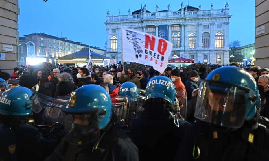 People protest against the Covid restrictions in Turin, Italy