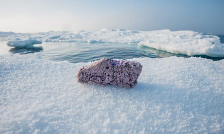 Plastic pollution lying on remote frozen ice in the middle of the Arctic Ocean.