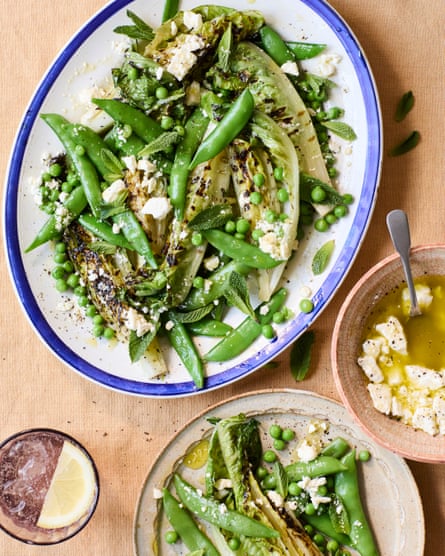 Ravinder Bhogal’s grilled cos lettuce and peas with feta.