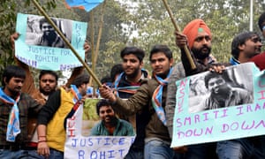 Students in New Delhi protest at an anti-government rally after the suicide of Rohith Vemula.