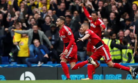 Roberto Pereyra, left, celebrates with Richarlison after giving Watford the lead.
