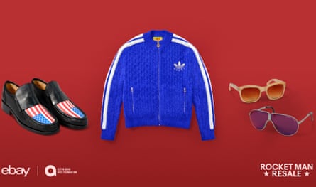 A pair of shoes with the US flag, a blue Adidas zip-up tracksuit sop, and two pairs of sunglasses
