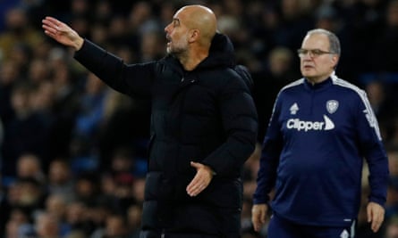 Pep Guardiola and Marcelo Bielsa at Manchester City’s game at home to Leeds in December 2021