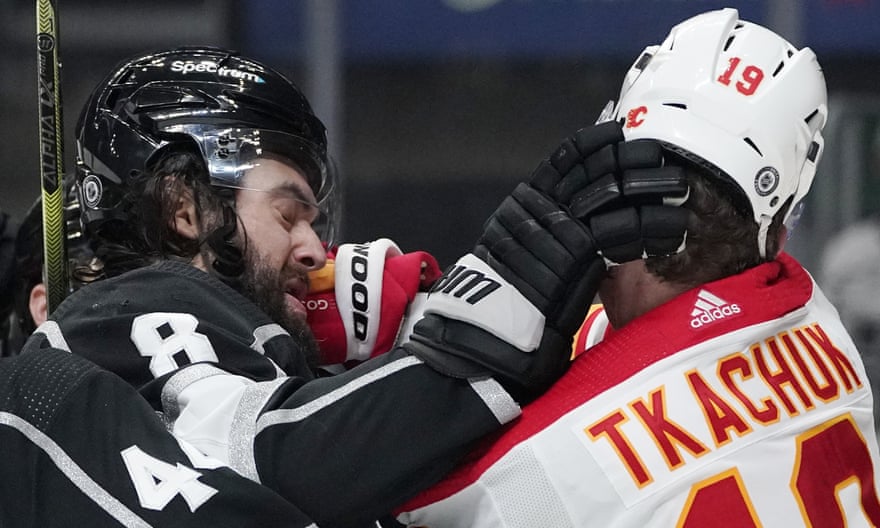Los Angeles Kings’ Drew Doughty clashes with Calgary’s Matthew Tkachuk