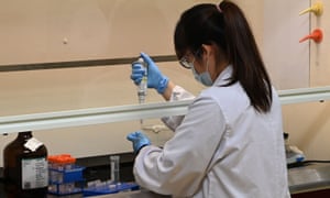 Seorang ahli biokimia yang bekerja di laboratorium kendali mutu di Takeda Pharmaceuticals (Asia Pasifik) di Singapura pada bulan November.